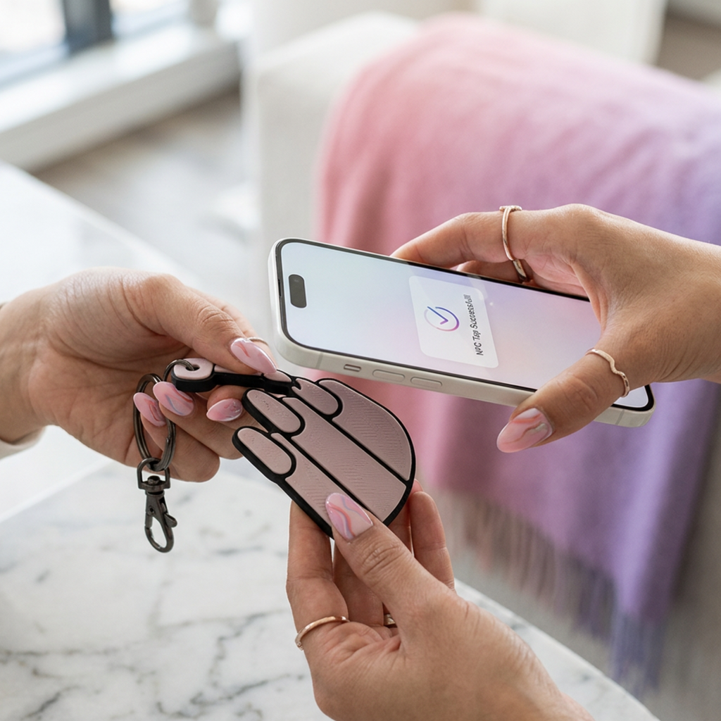 NFC Nail Tech Keychain – Hand Manicure Design, Tap-to-Share Contact Card